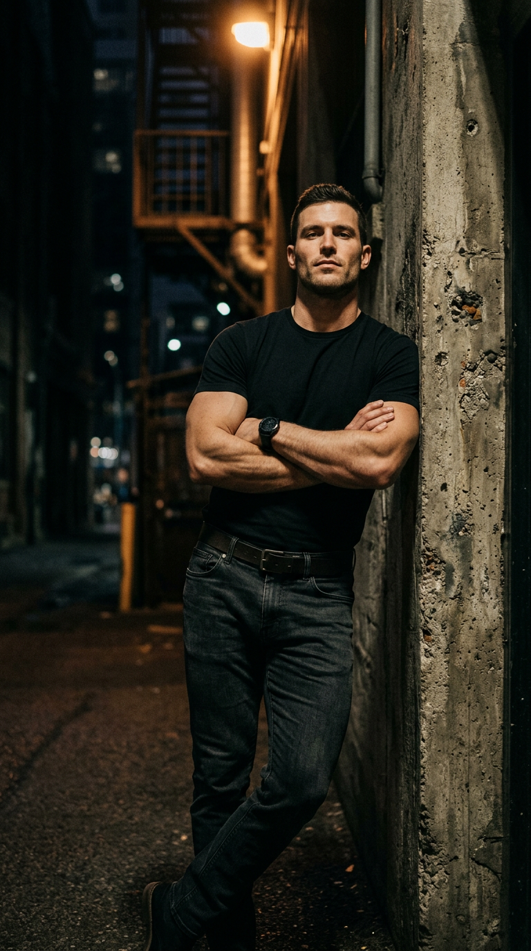 Confident man in a fitted black t-shirt leaning on a concrete wall, arms crossed