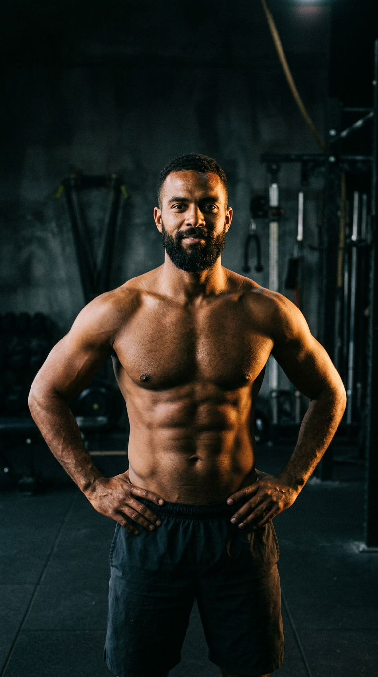 Fit shirtless man standing tall with shoulders back and hands on hips